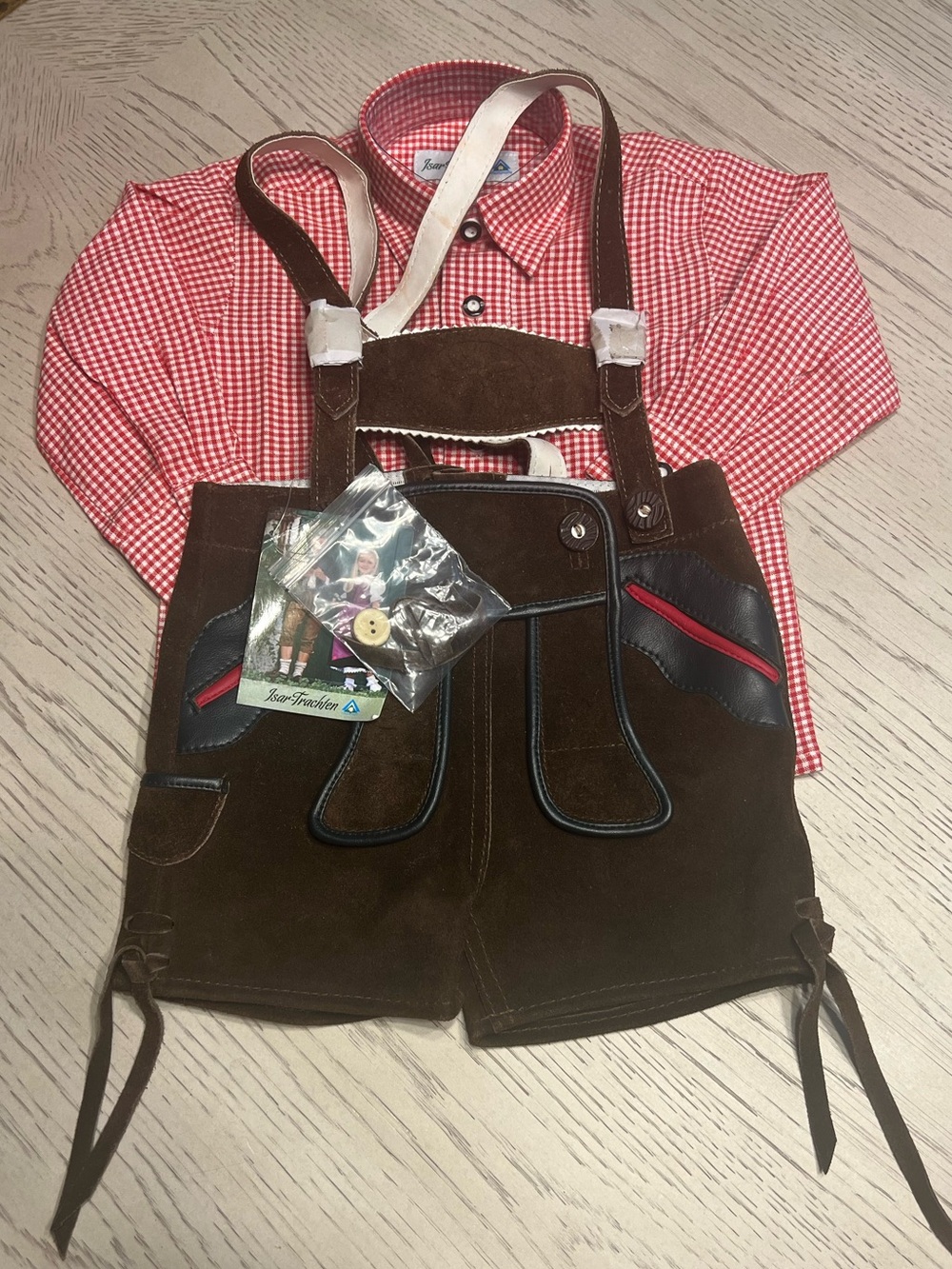 Kids Lederhosen Outfit Isar-Trachten Boys Leather Lederhosen Shorts Brown w/ Gin